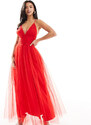 Lace & Beads Petite - Vestito lungo in tulle rosso incrociato sul retro