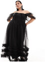 Lace & Beads Plus - Vestito con gonna al polpaccio nero in tulle con volant e spalle scoperte