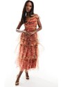 Lace & Beads - Vestito midi a balze in tulle con stampa astratta-Multicolore