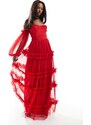 Lace & Beads - Vestito lungo in tulle rosso con volant e maniche trasparenti