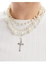 ASOS DESIGN - Confezione da 4 collane con perle e croce-Bianco