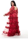 Lace & Beads Plus - Vestito lungo a maniche lunghe in tulle rosa e rosso a fiori con volant