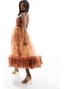 Lace & Beads - Vestito con gonna al polpaccio in tulle con volant sul fondo e dettaglio stile corsetto oro a fiori