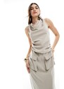 ASOS DESIGN - Vestito midi color pietra con tasche e scollo ad anello-Neutro