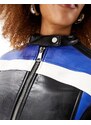 Lioness - Giacca biker nera in pelle sintetica con righe blu-Multicolore