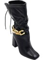 Malu Shoes Scarpe tronchetto punta quadrata donna con tacco alto doppio 10cm laccetto al polpaccio regolabile nero zip catena oro
