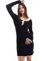 Miss Selfridge - Vestito corto in maglia nero a coste con fiocco a contrasto-Bianco
