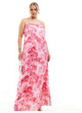 Vero Moda Curve - Vestito sottoveste lungo in raso rosa a fiori con scollo squadrato
