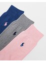 Polo Ralph Lauren - Confezione da 3 paia di calzini in cotone mercerizzato color rosa, grigio e blu navy con logo