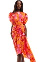 AX Paris - Vestito midi in raso arancione e rosa a fiori con maniche a sbuffo e drappeggi-Multicolore