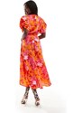 AX Paris - Vestito midi in raso arancione e rosa a fiori con maniche a sbuffo e drappeggi-Multicolore