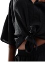 AX Paris - Camicia nera testurizzata allacciata sul davanti in coordinato-Nero