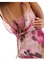 ASOS DESIGN - Vestito lungo taglio sbieco con scollo ad anello in chiffon rosa con stampa a fiori e inserto in pizzo-Multicolore