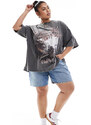 ASOS Curve ASOS DESIGN Curve - T-shirt oversize antracite slavato con grafica rock-Grigio