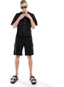 ADPT - Camicia oversize nera in misto lino con colletto con rever-Nero