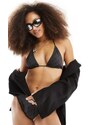 Weekday - Leash - Top bikini a triangolo grigio scuro con stampa in corsivo e laccetti annodati