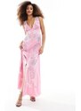 Maya - Vestito lungo rosa decorato con scollo a V