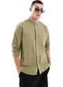 Pull&Bear - Camicia con collo serafino effetto lino verde-Neutro