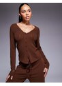 ASOS DESIGN - Top color cioccolato a coste larghe con scollo a V e bottoni in coordinato-Marrone